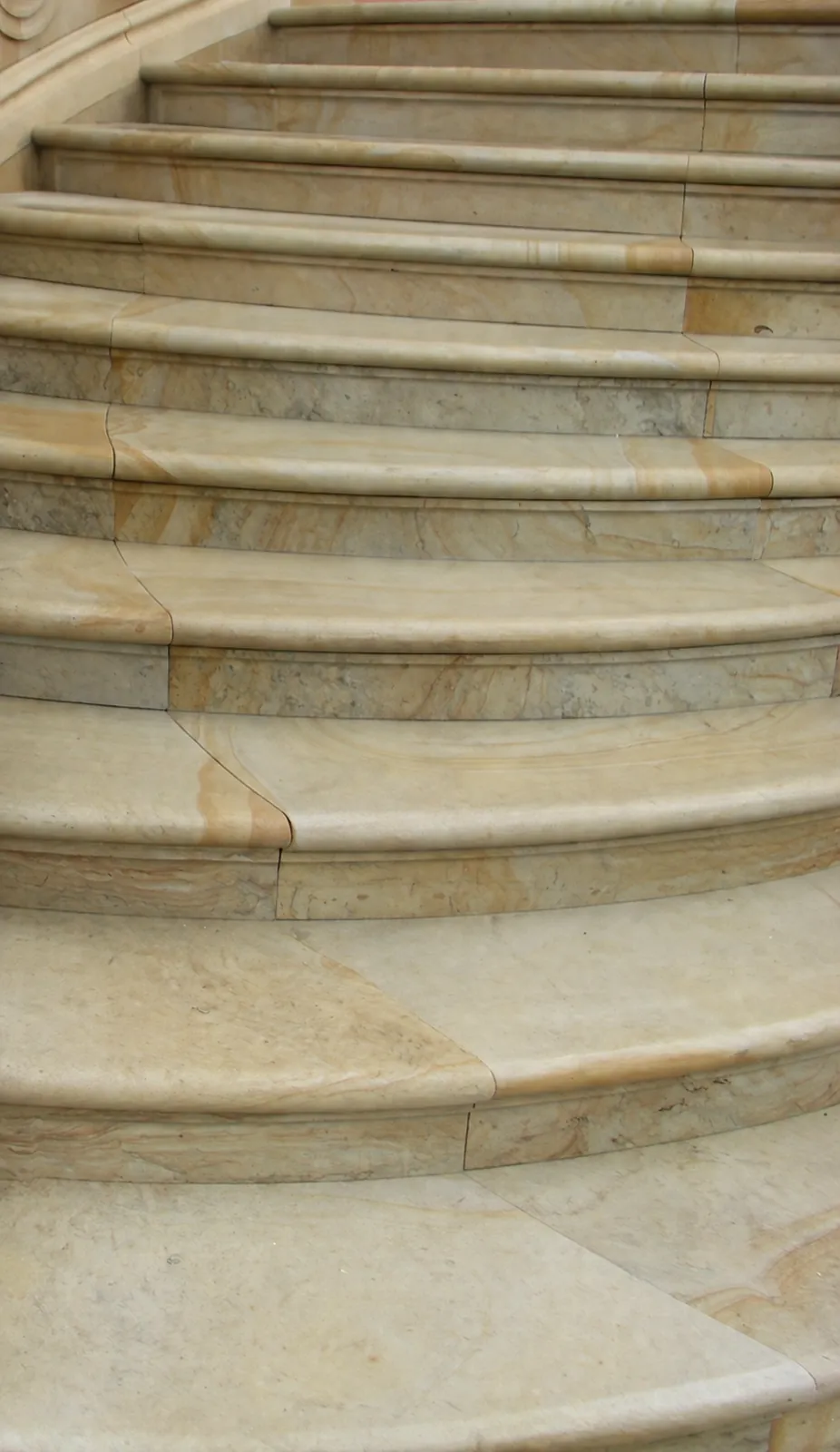 Geschwungene Sandstein-Freitreppe mit profilierten Treppenstufen und gerundeter Werkstein-Stufennase aus gelbem Quarzsandstein – Nahaufnahme Stufenverlauf